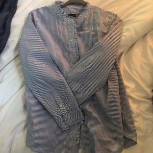 Blue and White Striped and Ruffled Button Up